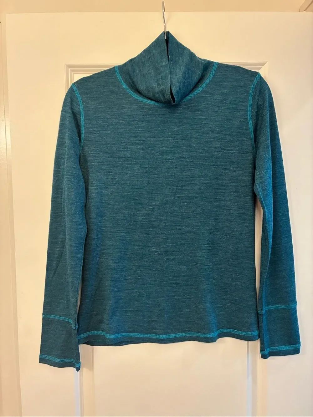 PRANA Merino Wool Blend Outdoor Cowl Neck Gillian Pullover Blue Spruce Women’s L